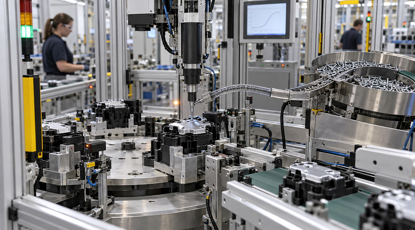 An automated assembly cell driving screws into a located component, with feed hose, spindle, torque trace and operator-safe enclosure visible.