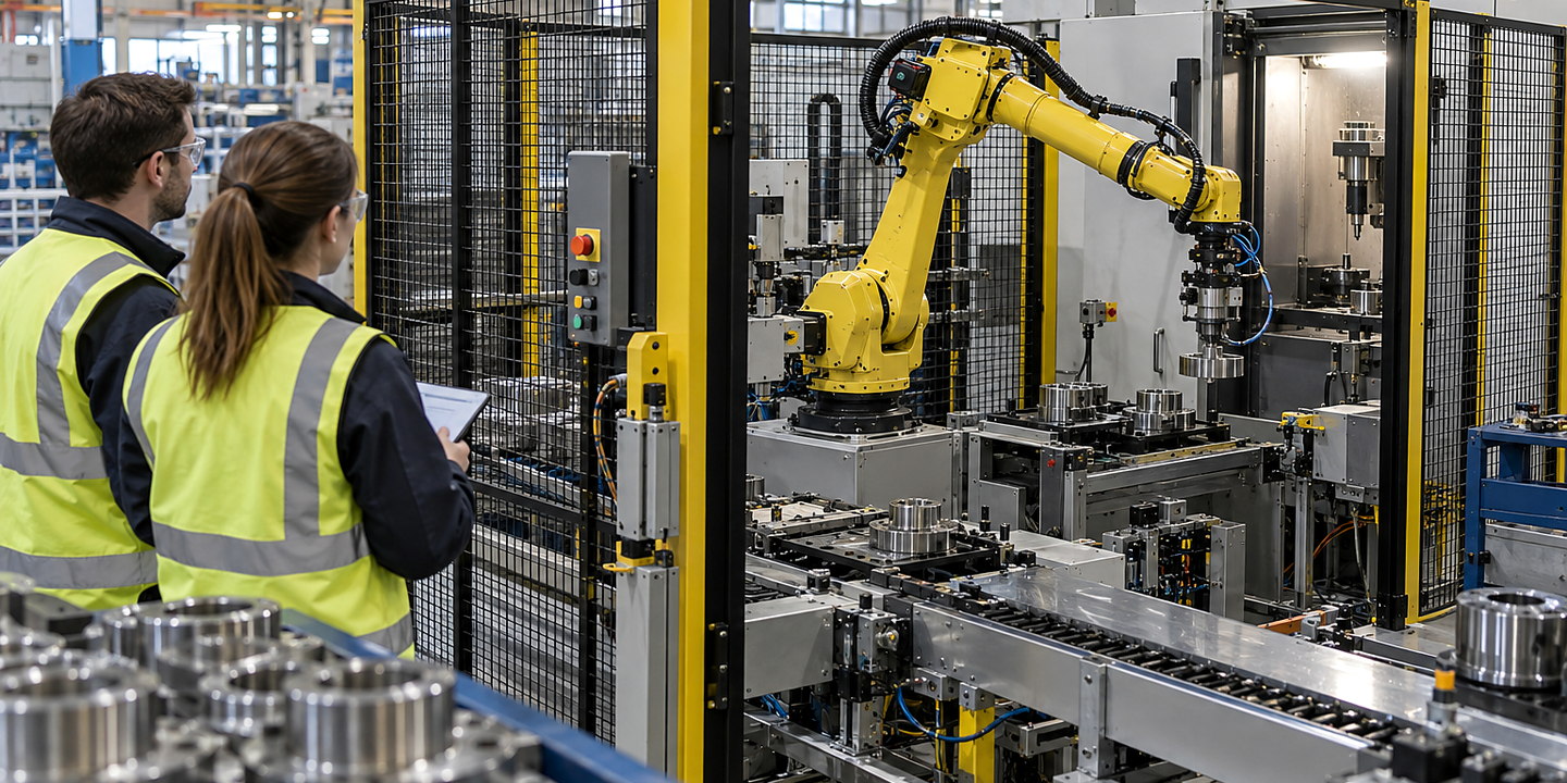 An automated assembly cell driving screws into a located component, with feed hose, spindle, torque trace and operator-safe enclosure visible.